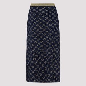 🆕 Gucci Interlocking G Lamé Midi Skirt Navy + Red